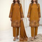 Zari Zeens Viscose Jacquard 3 Piece - Mustard Floral