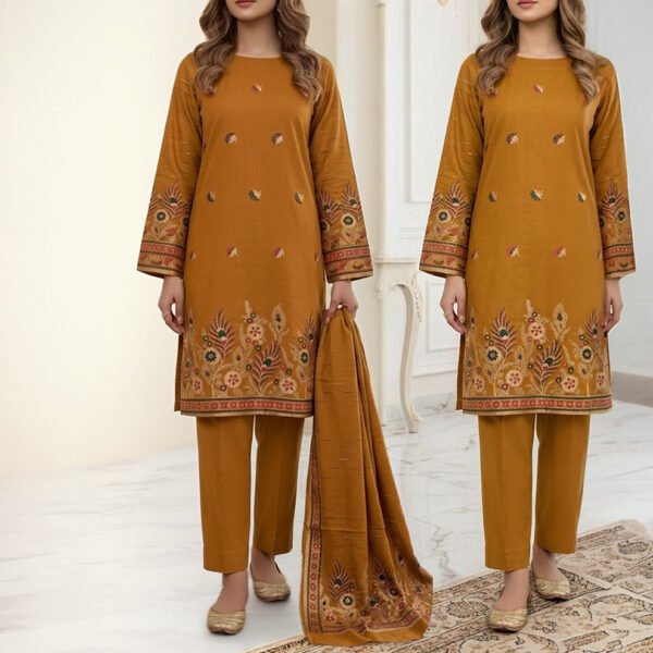 Zari Zeens Viscose Jacquard 3 Piece - Mustard Floral