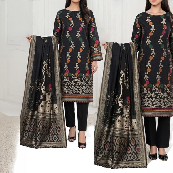 Zari Zeens Viscose Jacquard 3 Piece - Black Multicolor Floral
