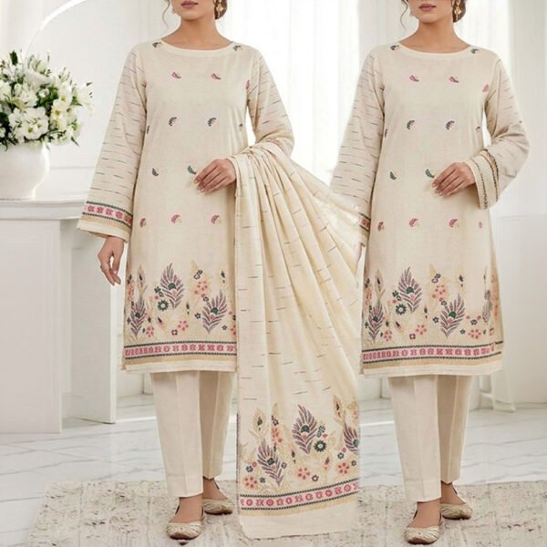 Zari Zeens Viscose Jacquard 3 Piece - Ivory Floral