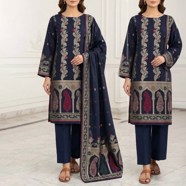 Zari Zeens Viscose Jacquard 3 Piece - Navy Blue Floral