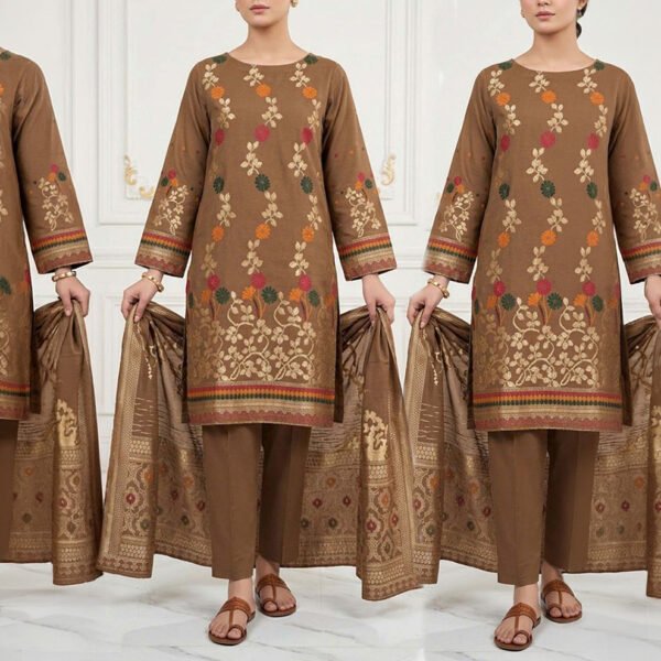 Zari Zeens Viscose Jacquard 3 Piece - Camel Brown Floral