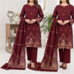 Zari Zeens Viscose Jacquard 3 Piece - Maroon Geometric