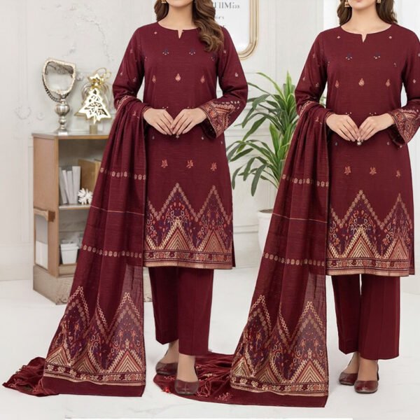 Zari Zeens Viscose Jacquard 3 Piece - Maroon Geometric